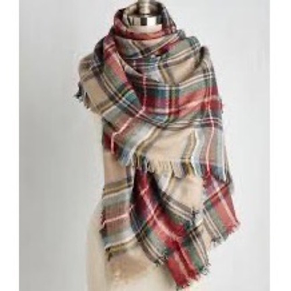 ModCloth Blanket Scarf OS Tan Red Green Plaid Preppy Academic Oversized Wrap